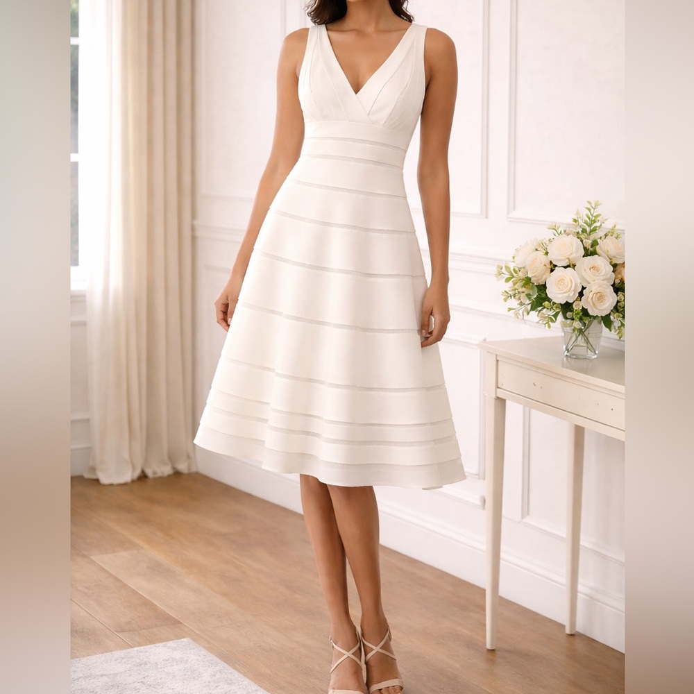 JS Collections White Sleeveless Ottoman Wedding V-Neck Fit & Flare A-Line Dress